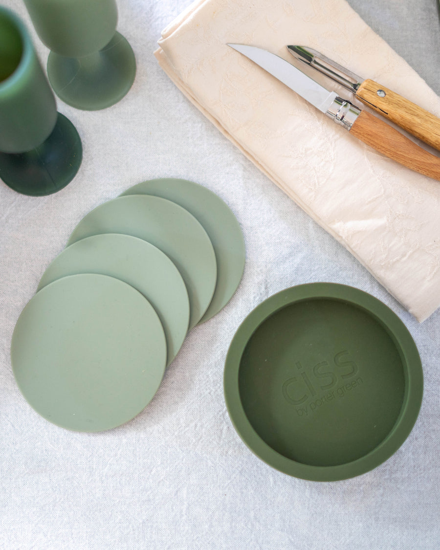 Porter Green | Ciss | Unbreakable Silicone Coasters | Sage + Olive